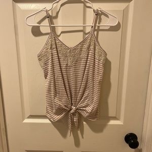 White black and red striped tank top with lace detail and tie on bottom